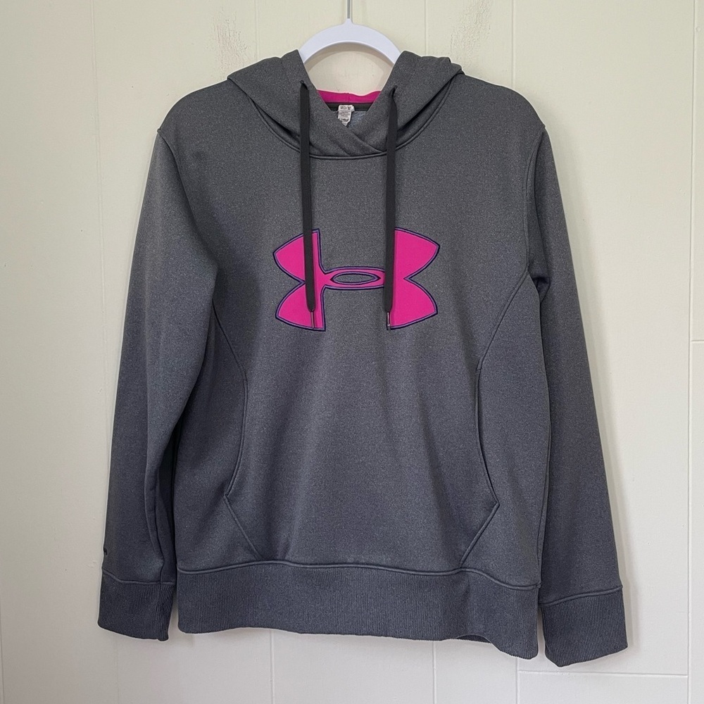 Under Armour Cold Gear Semi Fitted Hooded Top Size M Grey Pink Logo STAIN